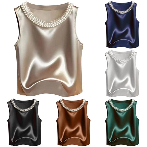 HAYIMI Women Elegant Solid Color Satin Tank Tops Pearl Round Neckline Summer Sleeveless Camisole For Everyday Style Boho Vests