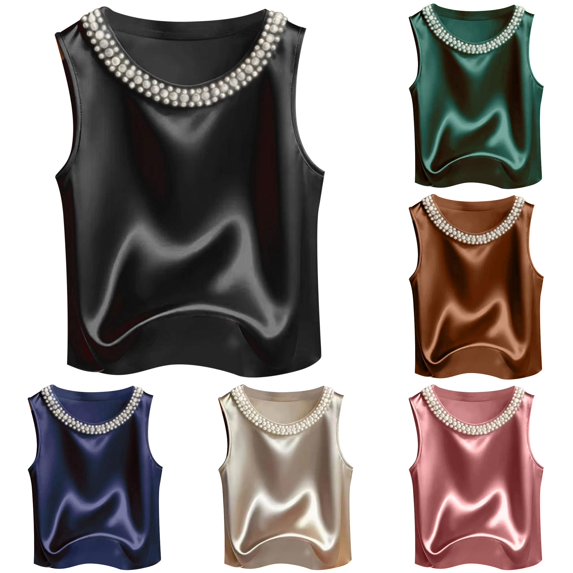 HAYIMI Women Elegant Solid Color Satin Tank Tops Pearl Round Neckline Summer Sleeveless Camisole For Everyday Style Classic Vests