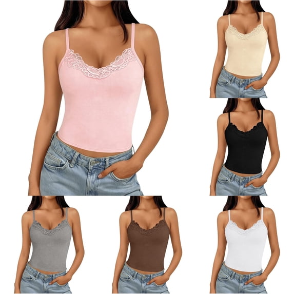 HAYIMI Women Lady V Neck Lace Patchwork Tank Tops With Straps Summer Solid Color Sleeveless Birthday Camisole