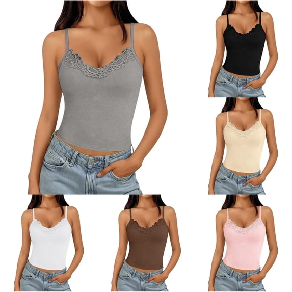 HAYIMI Women Lady V Neck Lace Patchwork Tank Tops With Straps Summer Solid Color Sleeveless Soft Camisole
