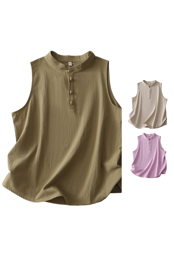 Women Layered Half Placket Button Down Sleeveless Camisole Loose Fit Casual Outerwear Tank Tops Summer Round Neck Solid Color Boho Vests