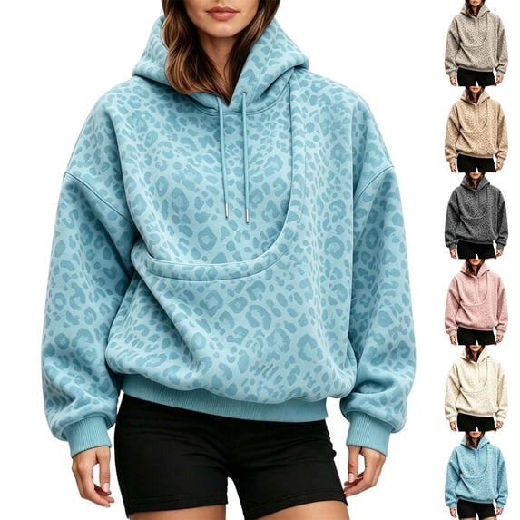 HAYIMI Unisex Oversized Hoodie With Pets Pouch Pocket Leopard Print Sweatshirt Animal Hoodie Loose Long Sleeve Pullover Tops For Lovers Hoodie with Dog Carrier Pet Pouch Pocket