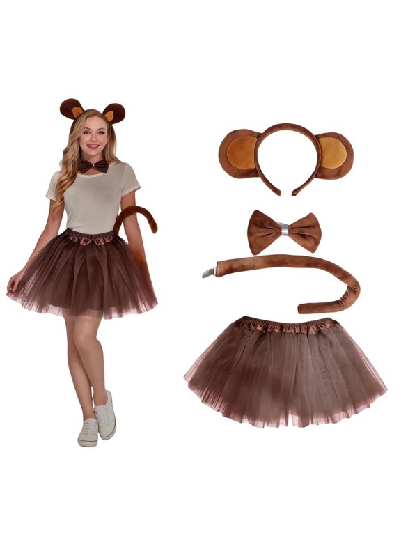 Women Party Monkey Costume 4 Piece Set, Tutu Skirt with Ears Headband Bow Tie and Tail, Halloween Halloween Fancy-Dress