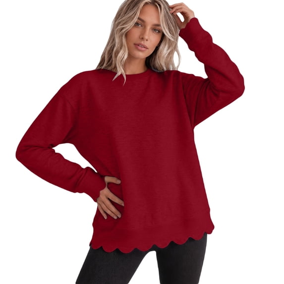 HAYIMI Women Scalloped Sweatshirt Crew Neck Loose Fit Solid Color Long Sleeve Pullover Tops Soft Casual Layering Sweatshirts For Ladies Breathable Dailywear