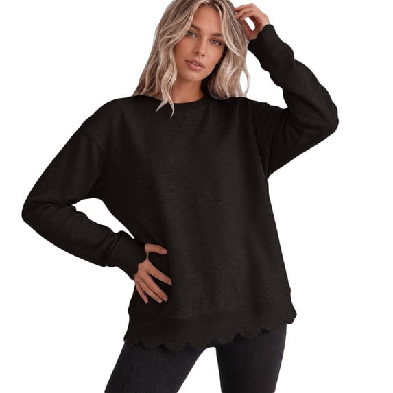 HAYIMI Women Scalloped Sweatshirt Crew Neck Loose Fit Solid Color Long Sleeve Pullover Tops Soft Casual Layering Sweatshirts For Ladies Relaxed Fit Dailywear
