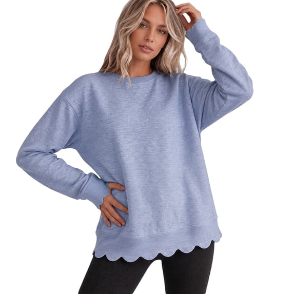HAYIMI Women Scalloped Sweatshirt Crew Neck Loose Fit Solid Color Long Sleeve Pullover Tops Soft Casual Layering Sweatshirts For Ladies Vacation Dailywear