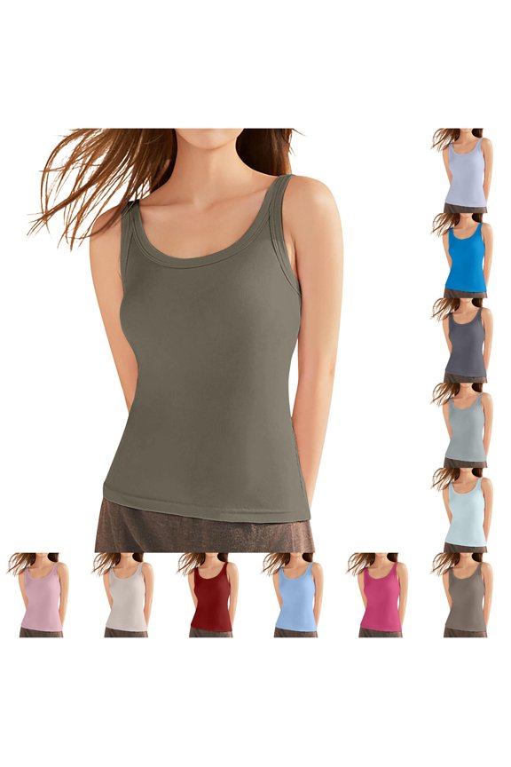 Women Seamless Ribbed Yoga Camisole Spaghetti Strap Built In Bra Support Lightweight Workout Tank Tops Summer Round Neck Solid Color Sleeveless Vacation Vests