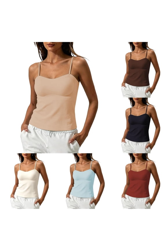 Women Seamless Shaping Tops Spaghetti Strap Built In Bra Support Lifts Bust Slim Thin Straps Lightweight Inner Tank Tops Summer Round Neck Solid Color Sleeveless Classic Camisole