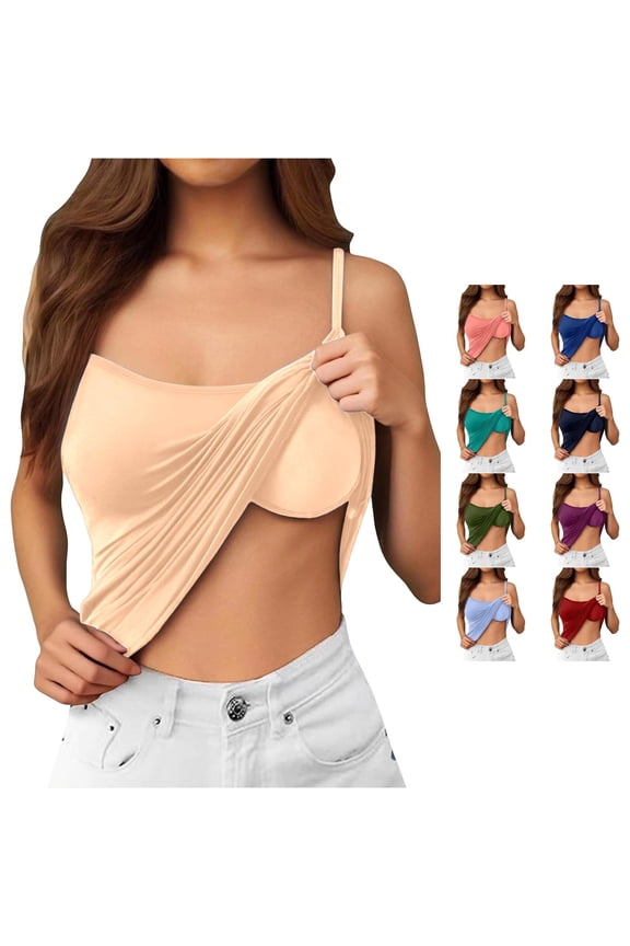 Women Seamless Spaghetti Strap Built In Bra Camisole Soft Comfort Stretch Sleeveless Tank Tops With Light Support And Smooth Back Design Summer Round Neck Solid Color Trendy Vests