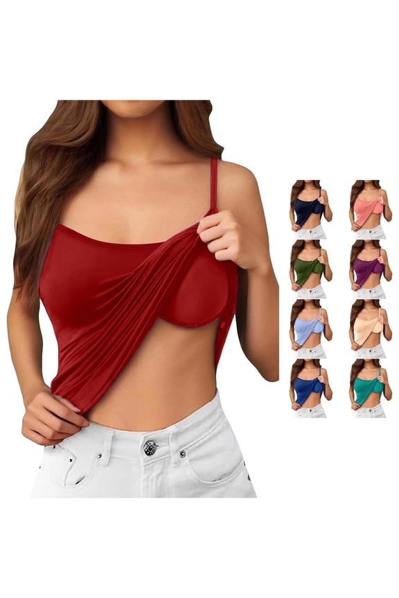 Women Seamless Spaghetti Strap Built In Bra Camisole Soft Comfort Stretch Sleeveless Tank Tops With Light Support And Smooth Back Design Summer Round Neck Solid Color Breathable Vests