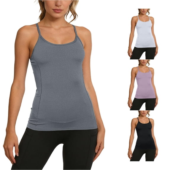 HAYIMI Women Seamless Workout Tank Tops Spaghetti Strap With Built In Bra And Side Pockets For Yoga Running Fitness Dance Summer Round Neck Solid Color Sleeveless Leisure Camisole