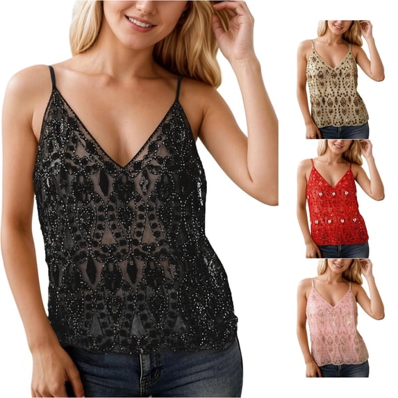 HAYIMI Women Sequin Beaded Camisole Slim Fit Layering Tank Tops Cropped Sleeveless Shirt V-Neck Summer Solid Color Comfort Vests