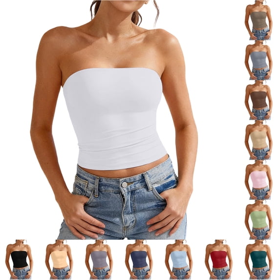 HAYIMI Women Solid Color Double Layer Strapless Camisole Tank Tops With Side Elastic Bands Comfortable Fit Summer Sleeveless Boho Vests