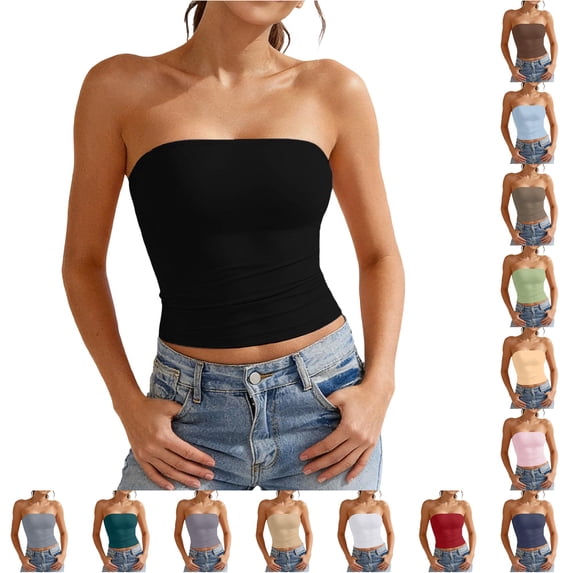 HAYIMI Women Solid Color Double Layer Strapless Camisole Tank Tops With Side Elastic Bands Comfortable Fit Summer Sleeveless Comfort Vests