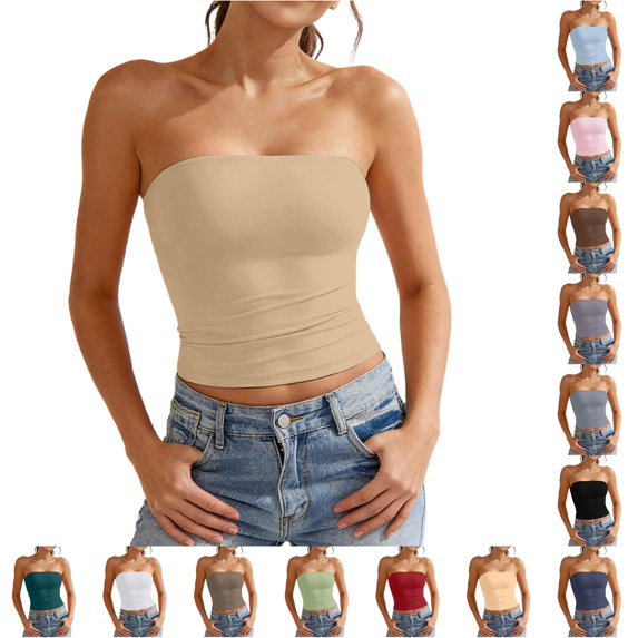 HAYIMI Women Solid Color Double Layer Strapless Camisole Tank Tops With Side Elastic Bands Comfortable Fit Summer Sleeveless Trendy Vests