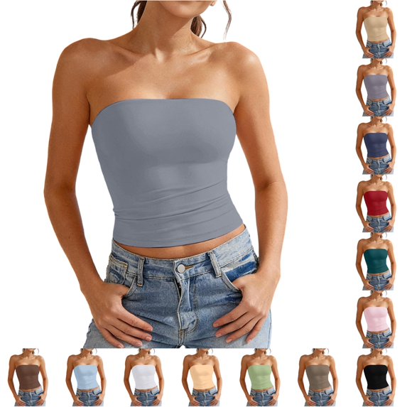 HAYIMI Women Solid Color Double Layer Strapless Camisole Tank Tops With Side Elastic Bands Comfortable Fit Summer Sleeveless Trendy Vests