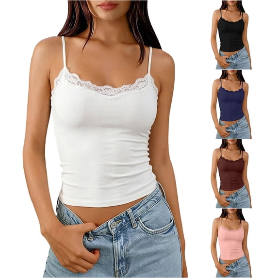 HAYIMI Women Spaghetti Strap Built In Bra Camisole With Lace Shelved Cups Double Layer Adjustable Straps Everyday Layering Tank Tops Summer Round Neck Solid Color Sleeveless Trendy Vests