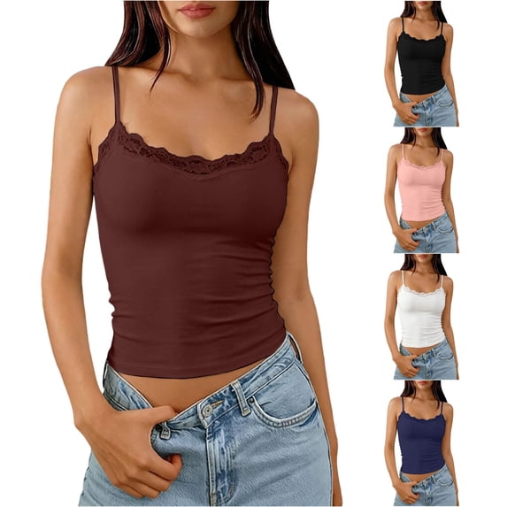 HAYIMI Women Spaghetti Strap Built In Bra Camisole With Lace Trim Shelved Cups Double Layer Adjustable Straps Everyday Layering Tank Tops Summer Round Neck Solid Color Sleeveless Boho Vests