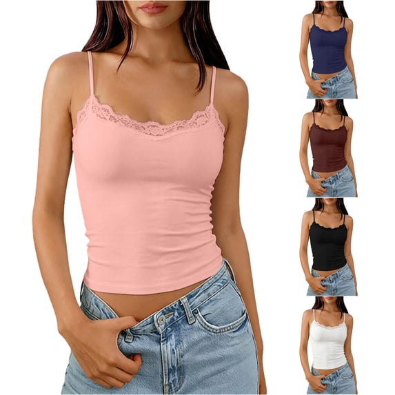 HAYIMI Women Spaghetti Strap Built In Bra Camisole With Lace Shelved Cups Double Layer Adjustable Straps Everyday Layering Tank Tops Summer Round Neck Solid Color Sleeveless Stylish Vests