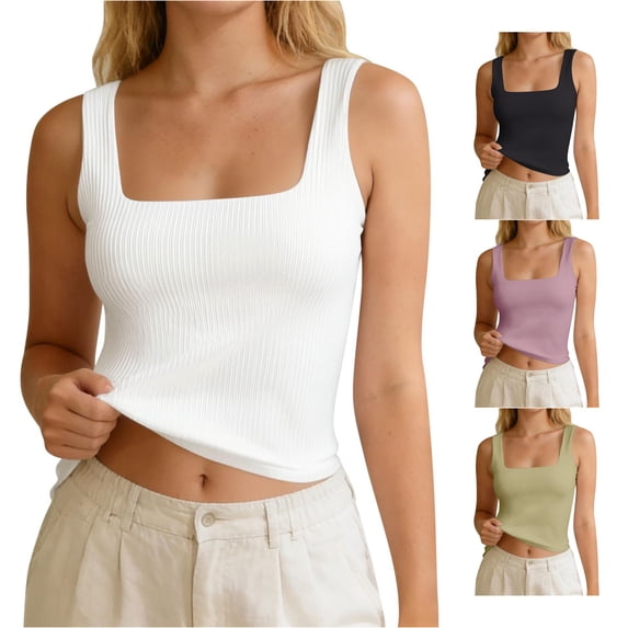 HAYIMI Women Stretch Camisole Tank Tops Soft Ribbed Knit Sleeveless Shirt Casual And Layering Square Neck Summer Solid Color Classic Vests
