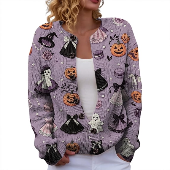 HAYIMI Women Sweater Halloween Pumpkin Ghost Print Button-Front Cardigan, Long Sleeve V-Neck Graphic Loose Fit Fall Knit Coat Tops