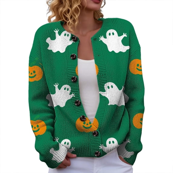 HAYIMI Women Sweater Halloween Pumpkin Ghost Print Button-Front Cardigan, Long Sleeve V-Neck Graphic Loose Fit Fall Knit Coat Tops