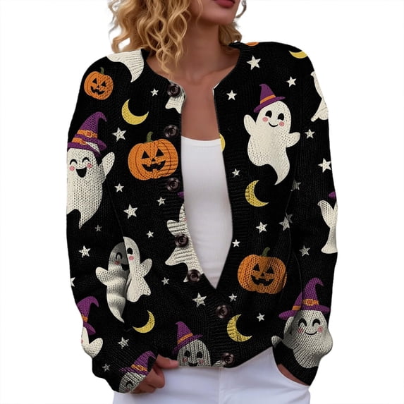 HAYIMI Women Sweater Halloween Pumpkin Ghost Print Button-Front Cardigan, Long Sleeve V-Neck Graphic Loose Fit Fall Knit Coat Tops