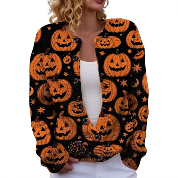 HAYIMI Women Sweater Halloween Pumpkin Print Button-Front Cardigan, Long Sleeve V-Neck Graphic Loose Fit Fall Knit Coat Tops
