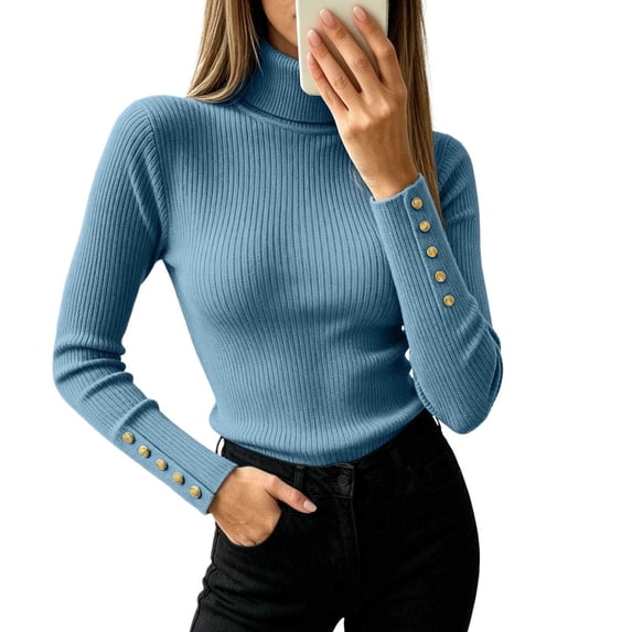 HAYIMI Women Turtleneck Ribbed Knit Sweater Long Sleeve Button Slim Fit Stretch Casual Fall Winter Pullover Tops Dailywear