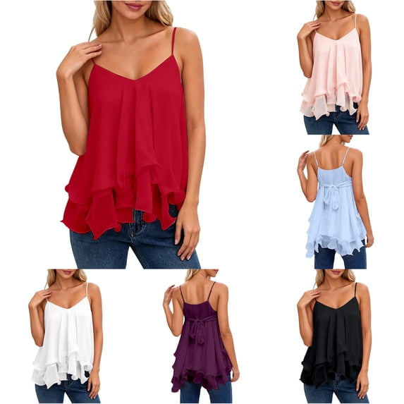 HAYIMI Women V-Neck Ruffle Casual Summer Dress Sleeveless Tank Tops Flowy Beach Tiered Midi Solid Color Classic Camisole