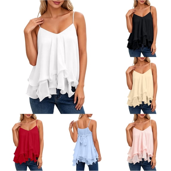 HAYIMI Women V-Neck Ruffle Casual Summer Dress Sleeveless Tank Tops Flowy Beach Tiered Midi Solid Color Cozy Camisole