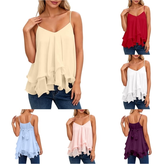 HAYIMI Women V-Neck Ruffle Casual Summer Dress Sleeveless Tank Tops Flowy Beach Tiered Midi Solid Color Cozy Camisole