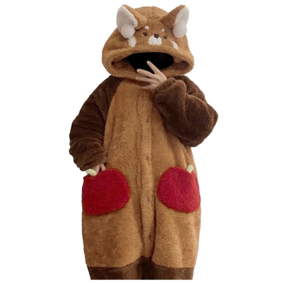 HAYIMI Women Winter Cute Cartoon Coral Velvet Pajama Thick Cute Animal Onesie Pajamas Hooded One-Piece Jumpsuit with Pockets Sleepwear Classic Nightwear