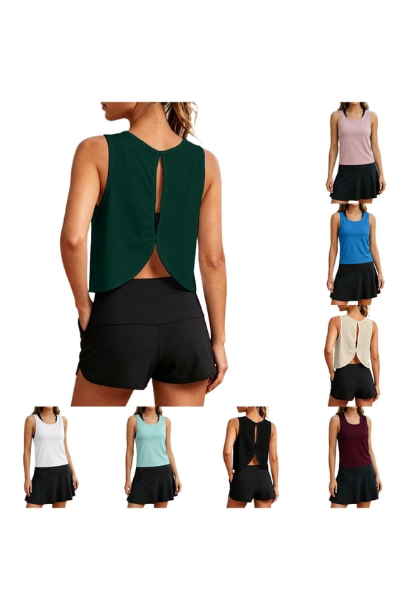 Women Yoga Tank Tops Hollow Back Workout Shirts Running Gym Athletic Vest Casual Activewear Summer Round Neck Solid Color Sleeveless Trendy Camisole
