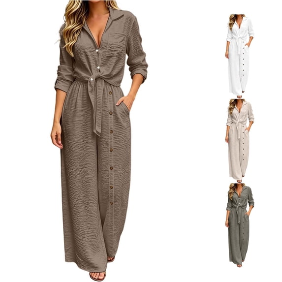 HAYIMI Womens Fall Outfits Sets 2 Pieces Casual Long Sleeve Tops With Button Front And Pocket Trousers Solid Color Leisure Clothes Sets