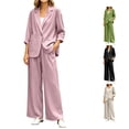 thumbnail image 1 of HAYIMI Womens Fall Outfits Sets 2 Pieces Relaxed Fit Long Sleeve Single Button Linen Blazer Matching Pleated Wide Leg Solid Color Pants Casual Wear Cozy Clothing Sets, 1 of 5