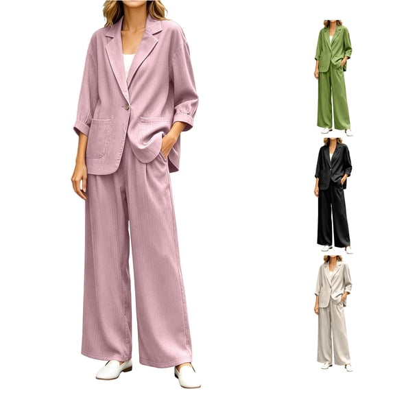 HAYIMI Womens Fall Outfits Sets 2 Pieces Relaxed Fit Long Sleeve Single Button Linen Blazer Matching Pleated Wide Leg Solid Color Pants Casual Wear Cozy Clothing Sets