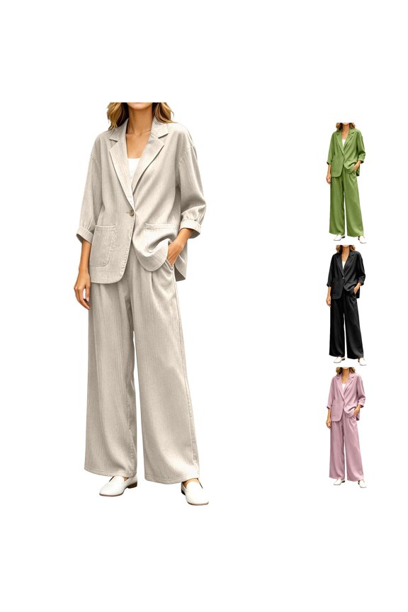 Womens Fall Outfits Sets 2 Pieces Relaxed Fit Long Sleeve Single Button Linen Blazer Matching Pleated Wide Leg Solid Color Pants Casual Wear Cozy Clothing Sets