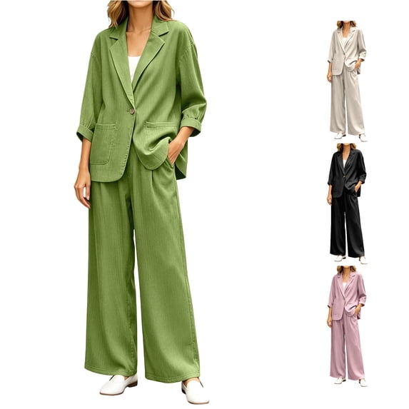 HAYIMI Womens Fall Outfits Sets 2 Pieces Relaxed Fit Long Sleeve Single Button Linen Blazer Matching Pleated Wide Leg Solid Color Pants Casual Wear Classic Clothing Sets