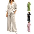 thumbnail image 1 of HAYIMI Womens Fall Outfits Sets 2 Pieces Relaxed Fit Long Sleeve Single Button Linen Blazer Matching Pleated Wide Leg Solid Color Pants Casual Wear Trendy Clothing Sets, 1 of 5