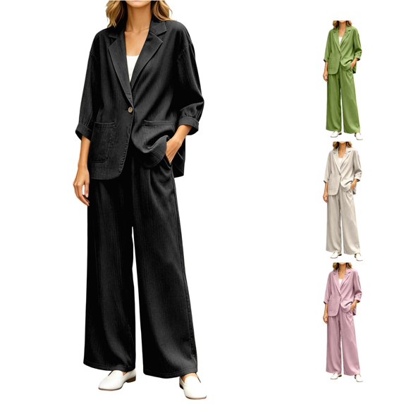 HAYIMI Womens Fall Outfits Sets 2 Pieces Relaxed Fit Long Sleeve Single Button Linen Blazer Matching Pleated Wide Leg Solid Color Pants Casual Wear Versatile Clothes Sets