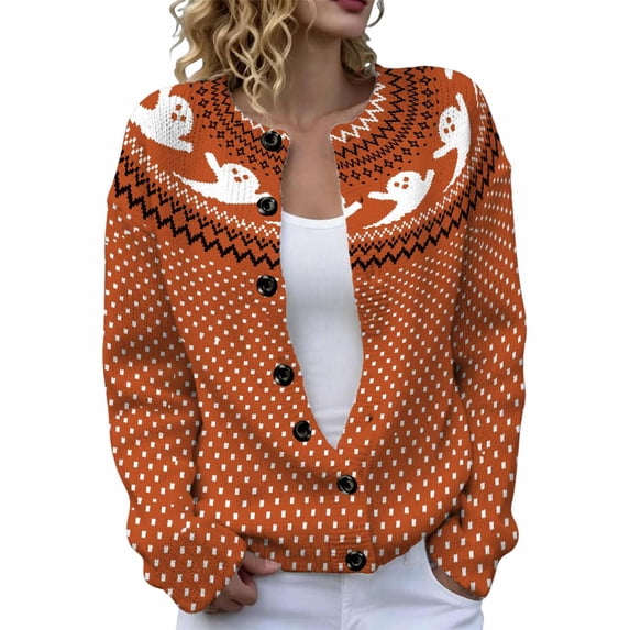 HAYIMI Womens Halloween Ghost Button‑Front Knit Cardigan Long Sleeve Geometric Loose Cozy Fall Holiday Sweater