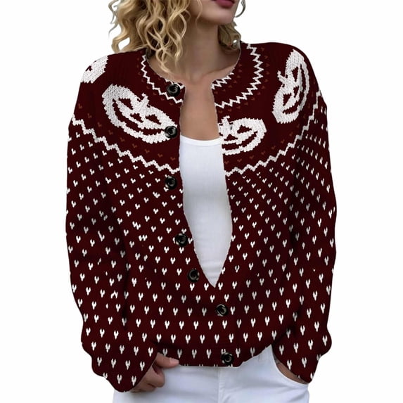 HAYIMI Womens Halloween Pumpkin Button‑Front Knit Cardigan Long Sleeve Geometric Loose Cozy Fall Fall Sweater