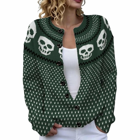 HAYIMI Womens Halloween Skull Button‑Front Knit Cardigan Long Sleeve Geometric Loose Cozy Fall Holiday Sweater