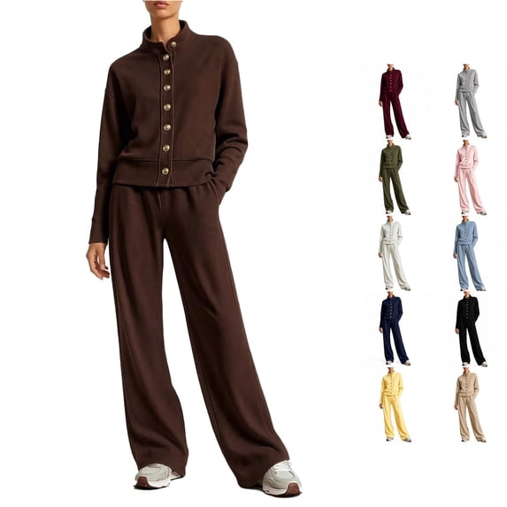 HAYIMI Womens Long Sleeve Summer Outfits Sets 2 Pieces Stand Collar Metal Button Jacket Matching Sweatpants Tracksuit with Side Pockets Plus Size Pants Set Solid Color Stylish Clothes Sets