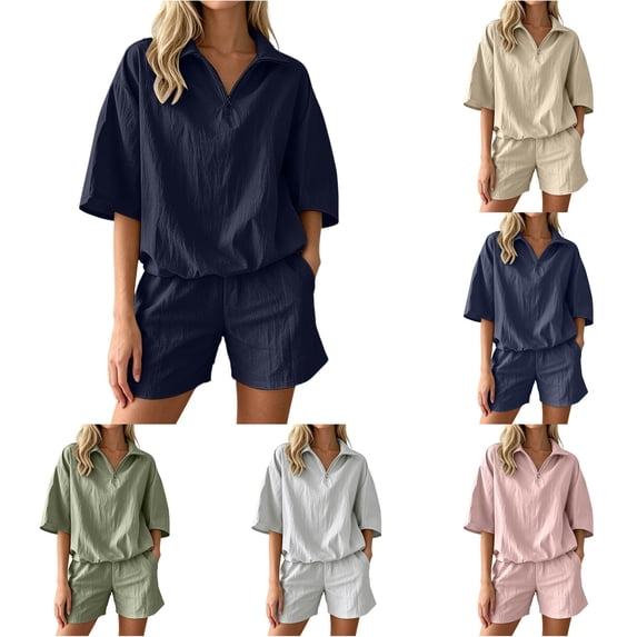 HAYIMI Womens Plus Size Outfits Sets 2 Pieces Contemporary Plus Size Zip Front Short Sleeve Tops Blouse With Shorts Casual Solid Color Comfort Clothes Sets