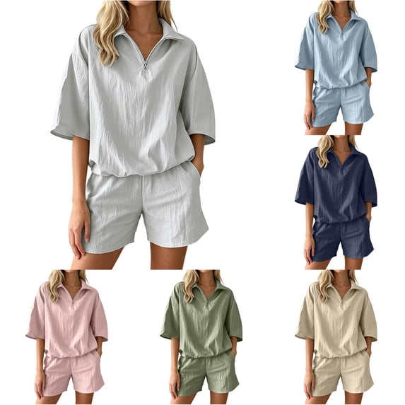 HAYIMI Womens Summer Outfits Sets 2 Pieces Contemporary Summer Zip Front Short Sleeve Tops Blouse With Shorts Casual Solid Color Soft Clothes Sets