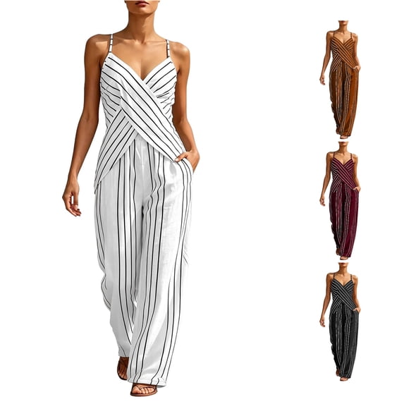 HAYIMI Womens Summer Outfits Sets 2 Pieces Striped Outfit Sleeveless Casual Tank Tops With High Neck And Matching Trousers Solid Color Classic Clothing Sets
