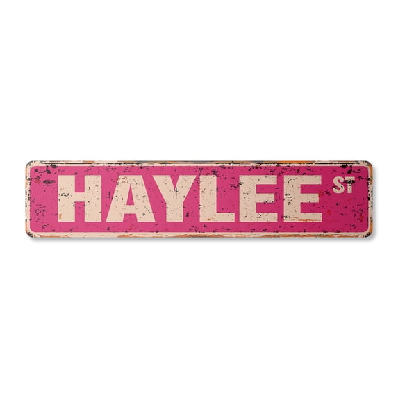HAYLEE Vintage Aluminum Street Sign Childrens Name Room Metal Sign rustic metal tin | Indoor/Outdoor |  30" Wide