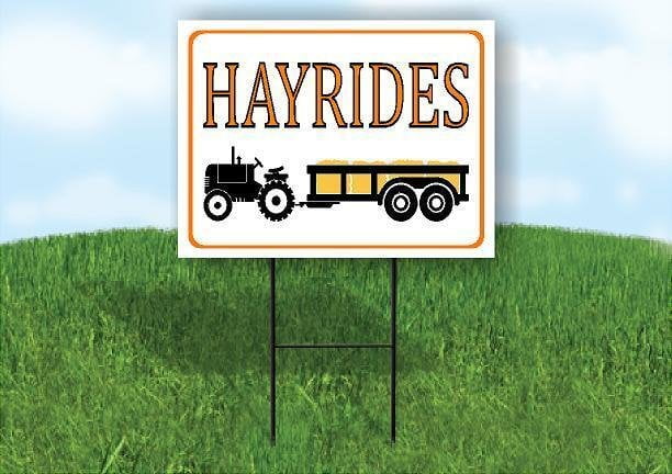 HAYRIDES W TRACTOR ORANGE BORDER 18 in x 24 in Yard Sign Road Sign with Stand
